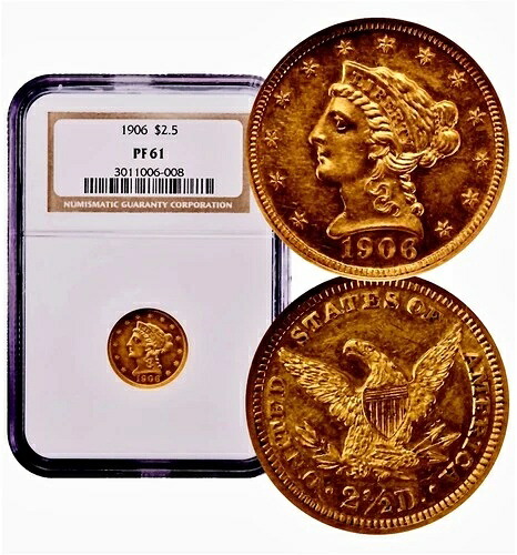 1906年 プルーフ ゴールド 1/4 イーグル NGC PR61 (希少 160枚鋳造) - ラスター/ミラー/セミカメオ