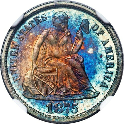 1875年 プルーフシーテッドリバティダイムPF 65 マインドブローイングワンオブアカインドトーンモンスター!-