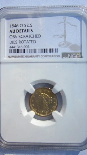 1846-O リバティヘッドクォーターイーグル 2.5ドル金貨 90度回転ダイス AU SCR
