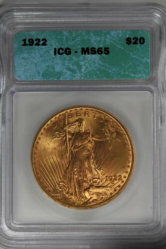 1922 20.00 ICG MS 65 20ドル金貨、セント・ゴーデン