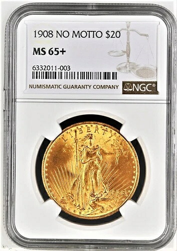1908 年 $20 セントゴーデンス モットーなし NGC MS65+ 美しい光沢、ポップのみ 127!!
