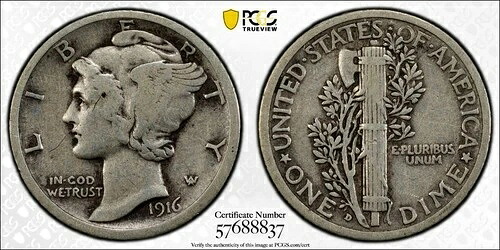 1916年製マーキュリーダイムPCGS VF-25