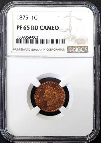 1875 年プルーフ インディアン ヘッド セント、NGC により PF 65 RD カメオとして認定されました。