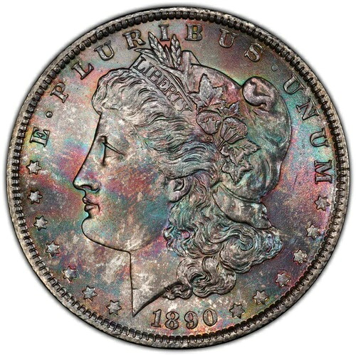 1890-P モルガン銀貨 PCGS MS65+ プリティシーグリーン、ブルー＆バーガンディ調｜WORLD RESOURCE【QUEEN店】