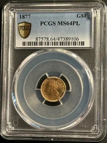 1877年 G$1 プリンセス 1ドル金貨 PCGS MS-64 PL 827,750円