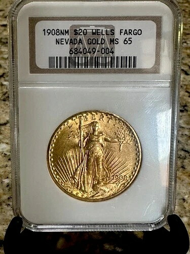 1908 NM $20「ウェルズ・ファーゴ NV ゴールド」NGC MS65* セント・セント・ゴーデンズ ダブル・イーグル!!