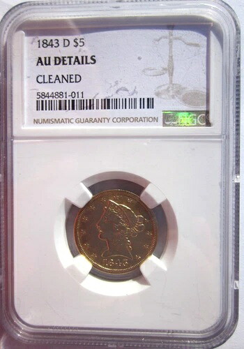 1843-D リバティヘッド 5ドル金貨 ハーフイーグル NGC AU DET ダロネガ 希少 スモール D 827,750円