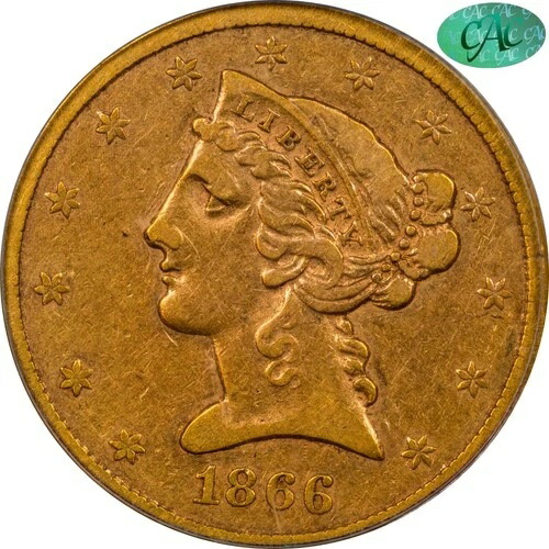 キー 1866-S $5 モットーなし VF30 PCGS CAC サンフランシスコ ハーフイーグル