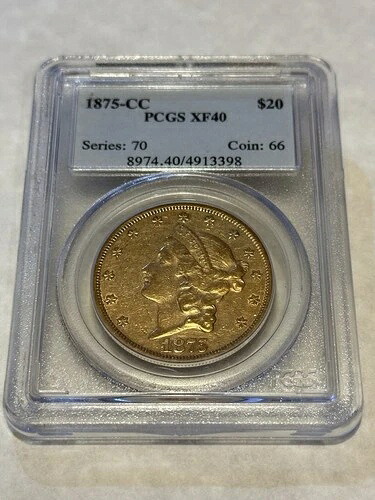 1875-CC $20 PCGS XF40 リバティダブルイーグル金貨、非常に美しい外観、シャープ