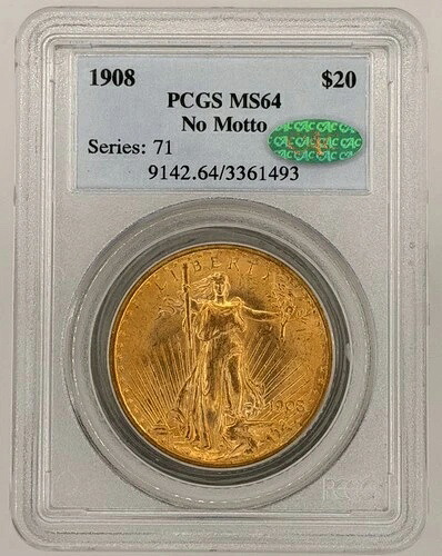 1908年 $20 標語なし セントゴーデンズ PCGS MS64 (CAC)-