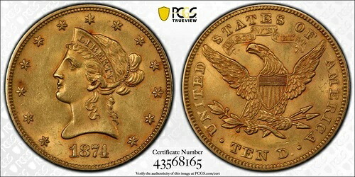 1874年 10ドル リバティヘッド ゴールドイーグル、PCGS MS62、PCGS/NGCによるグレードアップはわずか16枚｜WORLD RESOURCE【QUEEN店】