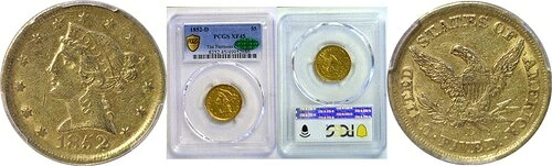 1852-D $5 リバティ - PCGS XF-45 CAC