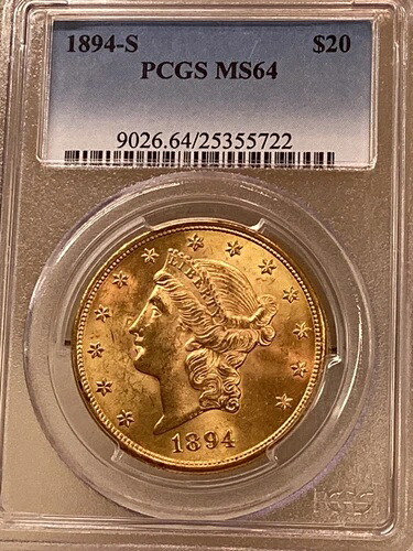 1894S $20 ゴールド リバティ ヘッド ダブルイーグル PCGS MS 64-