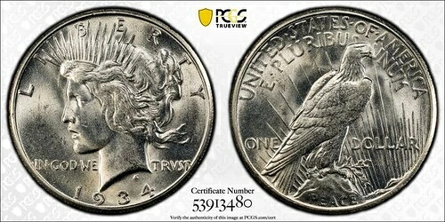 1934 年 S ピース シルバー ダラー $1 PCGS MS 62 美しいホワイト コイン!!!｜WORLD RESOURCE【QUEEN店】