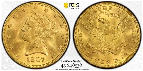 1907-D $10 リバティヘッド ゴールドイーグル、PCGS MS64+、PCGS/NGCによるグレードアップはわずか15枚｜WORLD RESOURCE【QUEEN店】