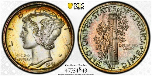 1941年 プルーフ マーキュリー ダイム PCGS PR-68