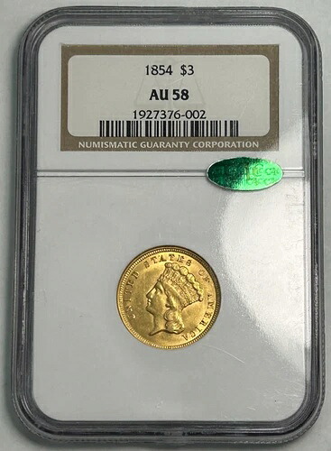 1854 年 3 ドル金貨インディアン プリンセス NGC AU58 CAC - 素晴らしい外観!