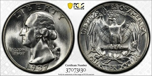 1937年ワシントンクォーター、PCGS MS67+認定、光沢CACシルバーPQ
