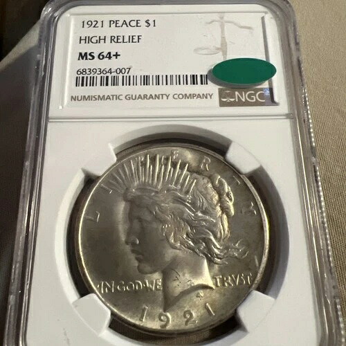 1921年 1ドル高浮き彫り NGC MS64+ - 平和ドル - 希少な初年度発行 CAC