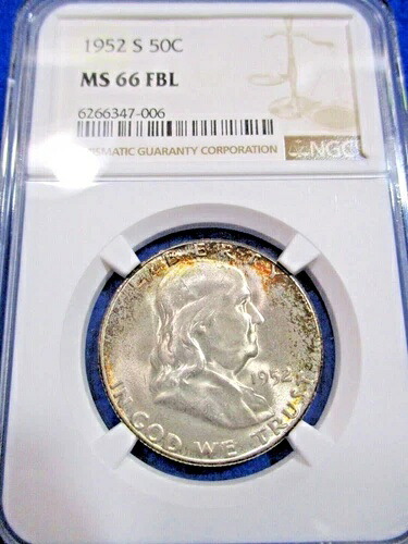 1952 S フランクリン ハーフ Ms66 FBL RPM または S/S ポップ 24/8 OBV/REV パステルトーン NGC TV
