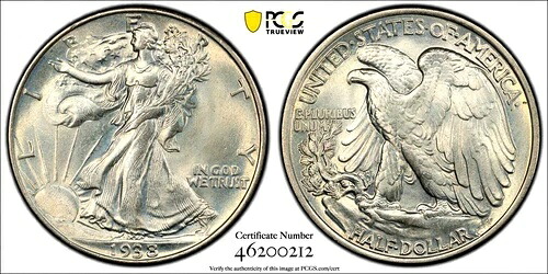 1938年 ウォーキング・リバティ 50セント シルバー ハーフドル PCGS MS 67 PCGS認定 46200212