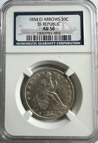 希少グレード NGC AU50 S.S リパブリック 1854 O 矢付き 自由の女神像 半ドル｜WORLD RESOURCE【QUEEN店】