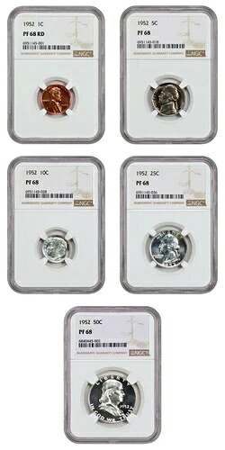 1952年 プルーフセット 1セント～50セント NGC PR68 (5枚) - リンカーンセント (裏面は小麦色)