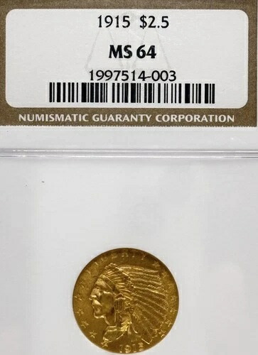1915年 2.50 インディアンヘッド NGC MS 64 2.50ドル ゴールドピース #11691