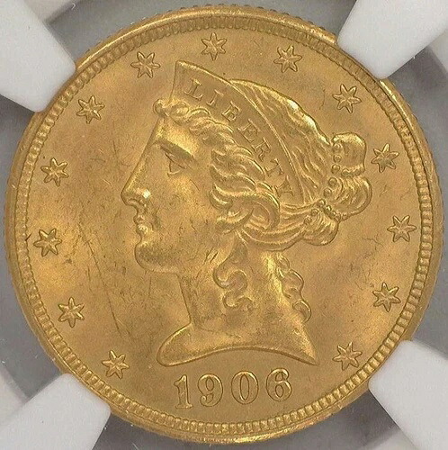 1906年 D リバティヘッド 5ドル金貨 NGCグレード MS 65 高グレード 強打