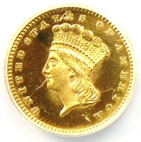 1865年インド金貨 G$1 - ANACS MS60詳細認定（UNC） - 希少日付