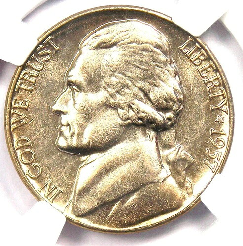 1957年 ジェファーソン ニッケル 5C コイン (1957-P) - NGC MS67+ 5FS プラスグレード - トップポップ 1/0