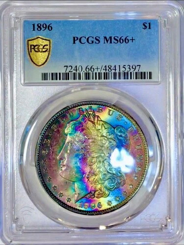 1896-P モルガン銀貨 PCGS MS66+ 鮮やかな色彩 カラフル レインボートーン +Vid