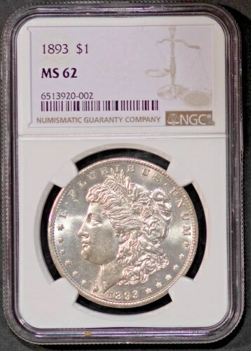 1893年 1ドル銀貨 モルガンドル MS 62 NGC # 6513920-002 + ボーナス