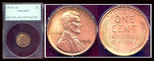 1919-D リンカーン セント PCGS MS64RD-ピュアレッド 希少 オールドラトラーホルダー