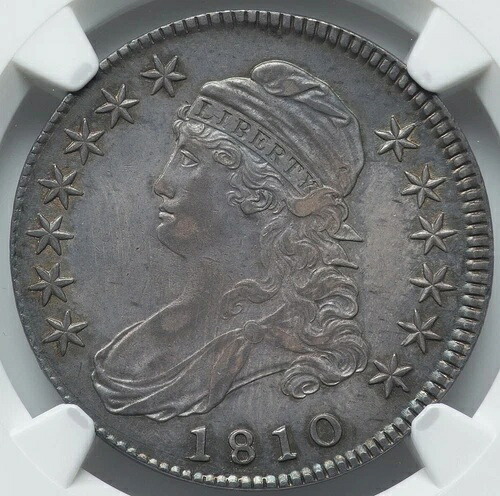 キャップドバストハーフダラー 1810 NGC AU58! O-102。非常に良好なPQコイン。素晴らしい色調。