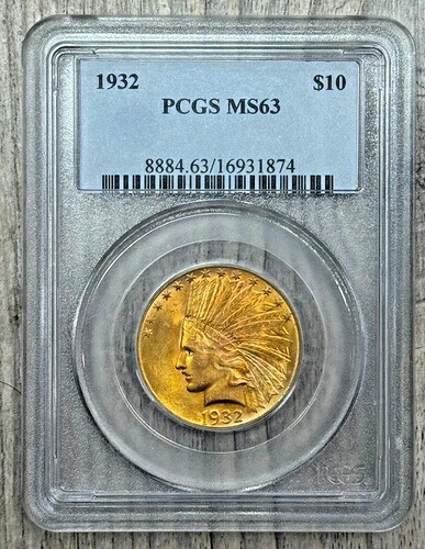 1932年 10ドル インディアンヘッド ゴールドイーグル PCGS MS 63、鮮やかなマルチカラートーニング