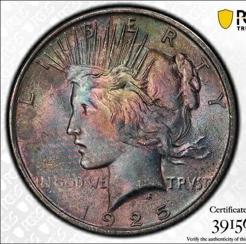 1925年 ピース 1ドル PCGS MS63 非常に希少なテキスタイルカラーコイン！ mikesartifacts 470,360円