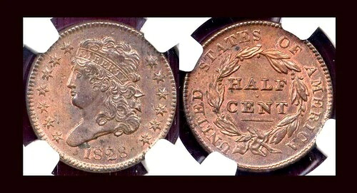 1828年 1/2c NGC MS62BN クラシックヘッド ハーフセントレッド-