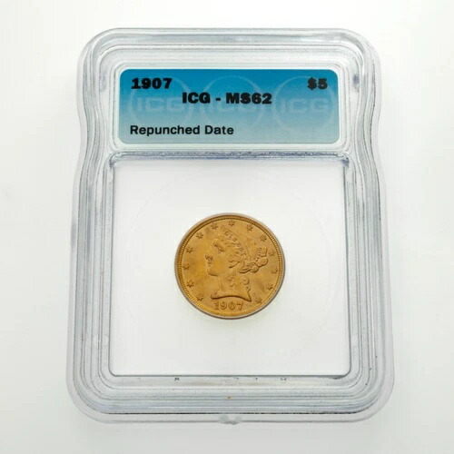 1907年 5ドル金貨リバティ、ICGによる再刻印、MS62と評価 473,440円