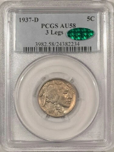 1937-D バッファロー ニッケル、3 本足 - PCGS AU-58、CAC 承認済み! PQ キー日付!