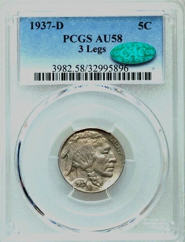 1937-D 3本脚バッファローニッケル?PCGS AU58、CAC承認付き?非常に詳細な例