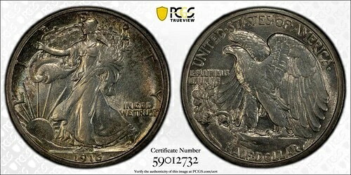 1916年 S ウォーキング・リバティ ハーフダラー PCGS AU-55 カラー! CAC