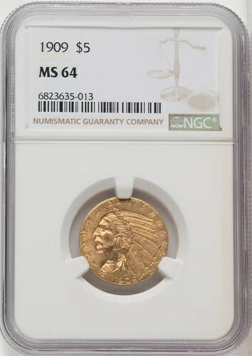 1909年 $5 インディアンハーフイーグル NGC MS64 (768136050)- 501,160円