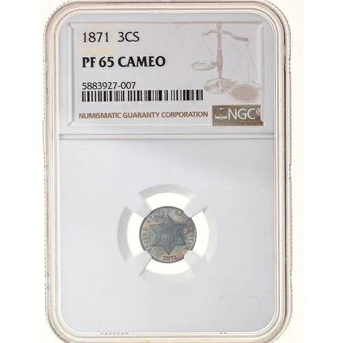[#970331] アメリカ合衆国、3セント、1871年、フィラデルフィア、カメオ、銀、NGC、PF65 C