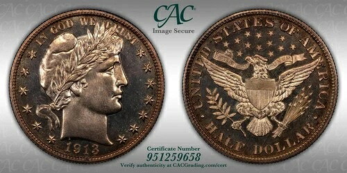 1913年製バーバー・ハーフダラー 50セント CACG PR65 (CAC)。カメオのような外観。素晴らしい音質。