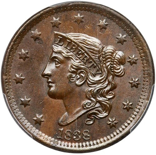 1838 N-9 R-3 PCGS MS 64 BN マトロンまたはコロネットヘッド ラージセントコイン 1セント
