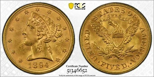 1894年 $5 リバティヘッドゴールドコイン PCGS MS 65 ?レアコレクターグッズ-