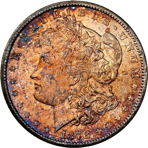 1878-CC 1ドルモルガン銀貨 NGC MS65 驚異的な燃えるようなオレンジ色の色合い