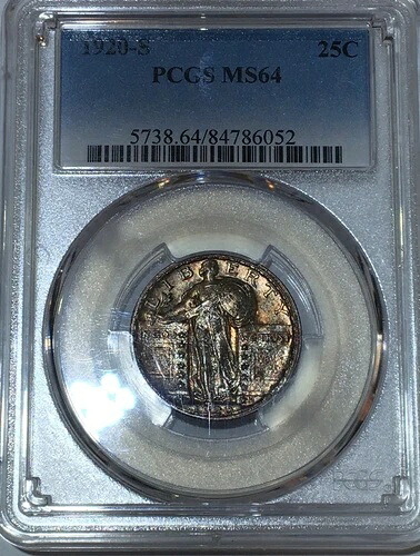 1920-S PCGS MS 64 スタンディングリバティクォーター ジェムトーニング、フルヘッド（記載なし）*
