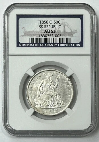 1858-O 50セント シーテッド リバティ アローズ NGC AU53 SS リパブリック シップレック 驚異のコイン